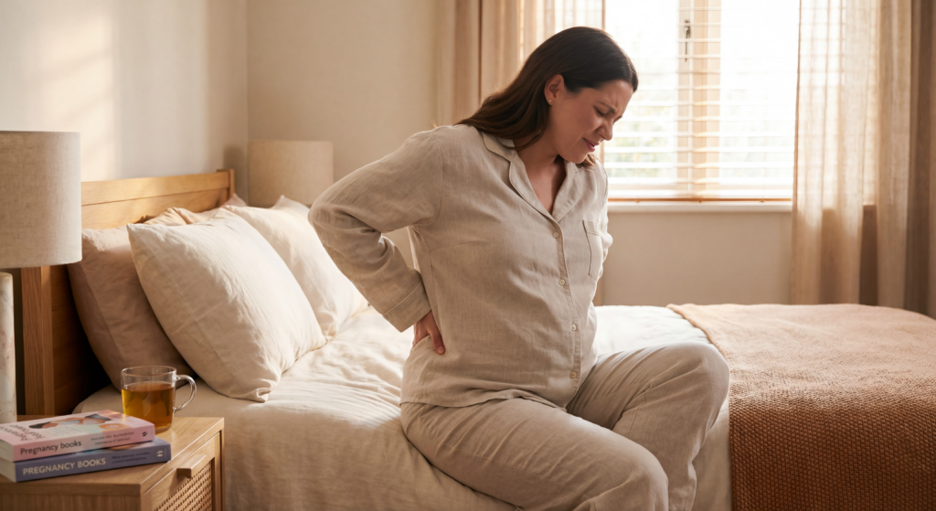 Femme enceinte souffrant de sciatique grossesse assise sur son lit tenant son bas du dos avec douleur au réveil